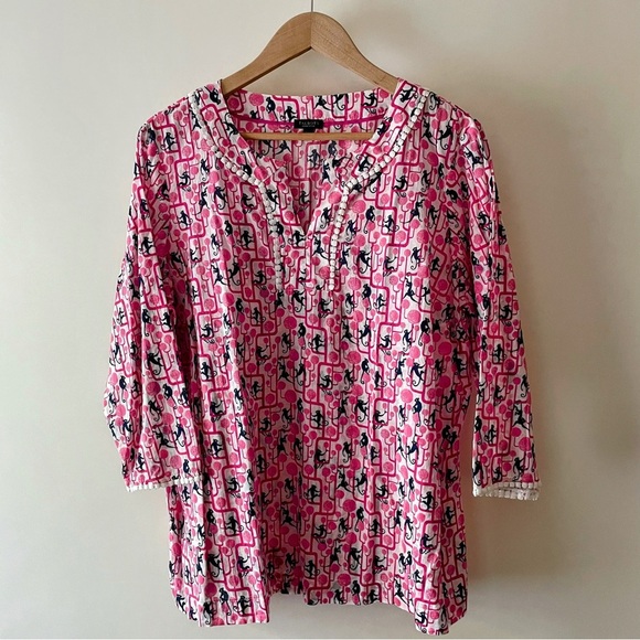Talbots Pink & Blue Monkey Print Tunic Top 3/4 Sleeve Mandarin Collar Size 1XP - Picture 1 of 16